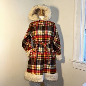 vintage 1970s Yellow & Orange plaid Jacket coat w/ faux fur trim JC Penny Lane
